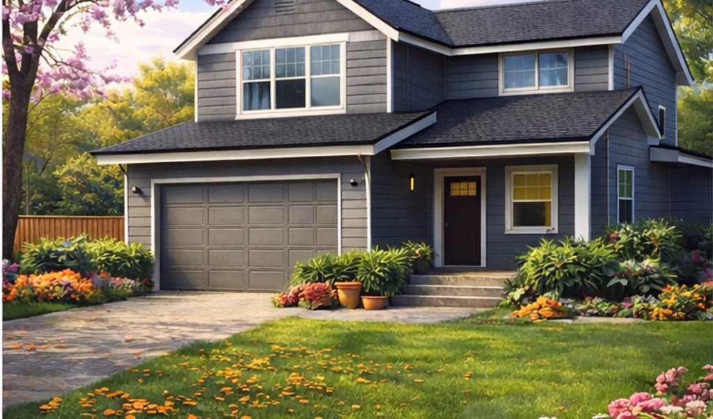 Two-storey grey house with double garage, surrounded by colourful garden beds and a well-maintained lawn in spring