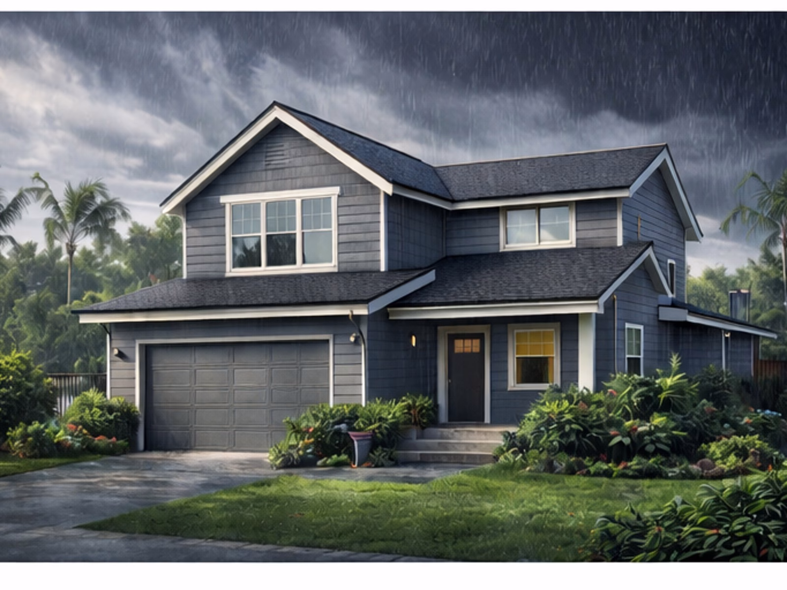 Two-storey house with grey cladding and dark roof during heavy rain, surrounded by lush garden