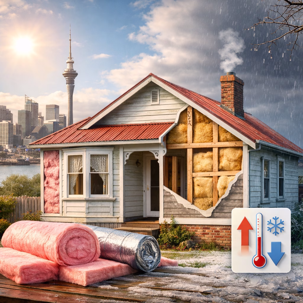 An Auckland home with wall insulation batts visible, rolls of pink fibreglass and foil insulation in the foreground, and a temperature regulation icon showing warm and cool benefits