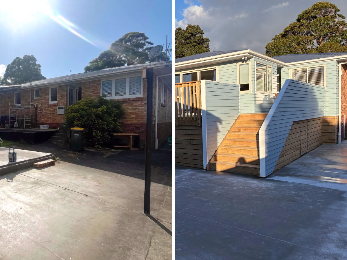 Before and after of house exterior: old brick facade with overgrown bushes versus new light blue weatherboard cladding with timber steps and deck